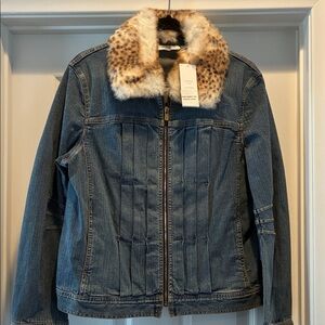 Dana Buchman Jean jacket with detachable rabbit fur collar.  Brand new with tag